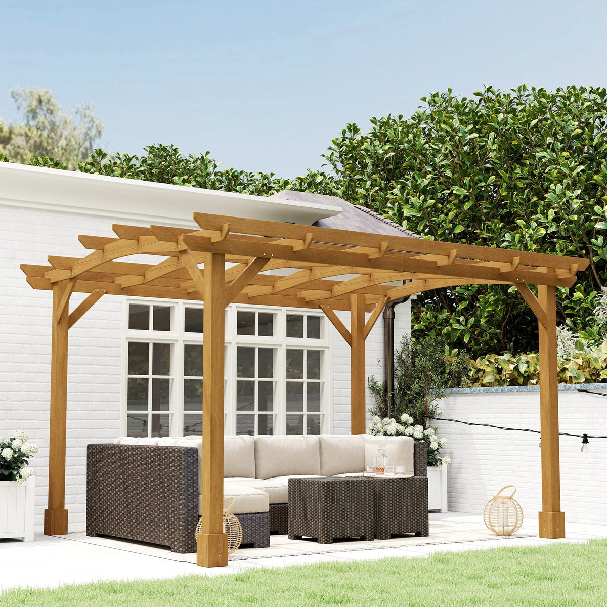 Outsunny 10' x 12' Wood Pergola with Arched Roof Trellis for Climbing Plants, Dark Brown - 84C-572V00DR