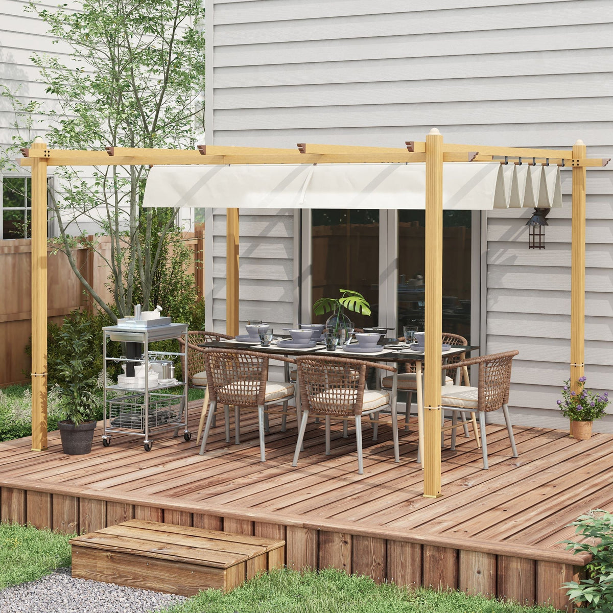 Outsunny 10' x 13' Retractable Pergola Canopy, Wood Grain Aluminum Frame, for Outdoor Shade Shelter, Cream - 84C-472V02ND