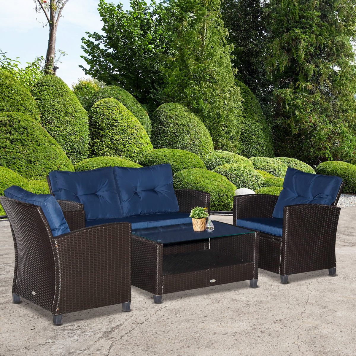 Outsunny 4-Piece PE Rattan Patio Set with Cushions & Two-Tier Coffee Table, Blue - 860-117BU