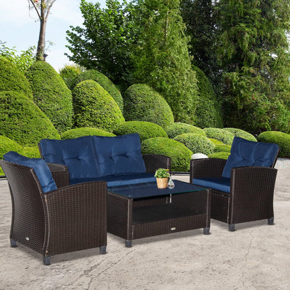 Outsunny 4-Piece PE Rattan Patio Set with Cushions & Two-Tier Coffee Table, Blue - 860-117BU