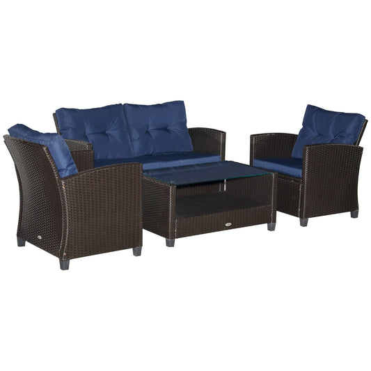 Outsunny 4-Piece PE Rattan Patio Set with Cushions & Two-Tier Coffee Table, Blue - 860-117BU