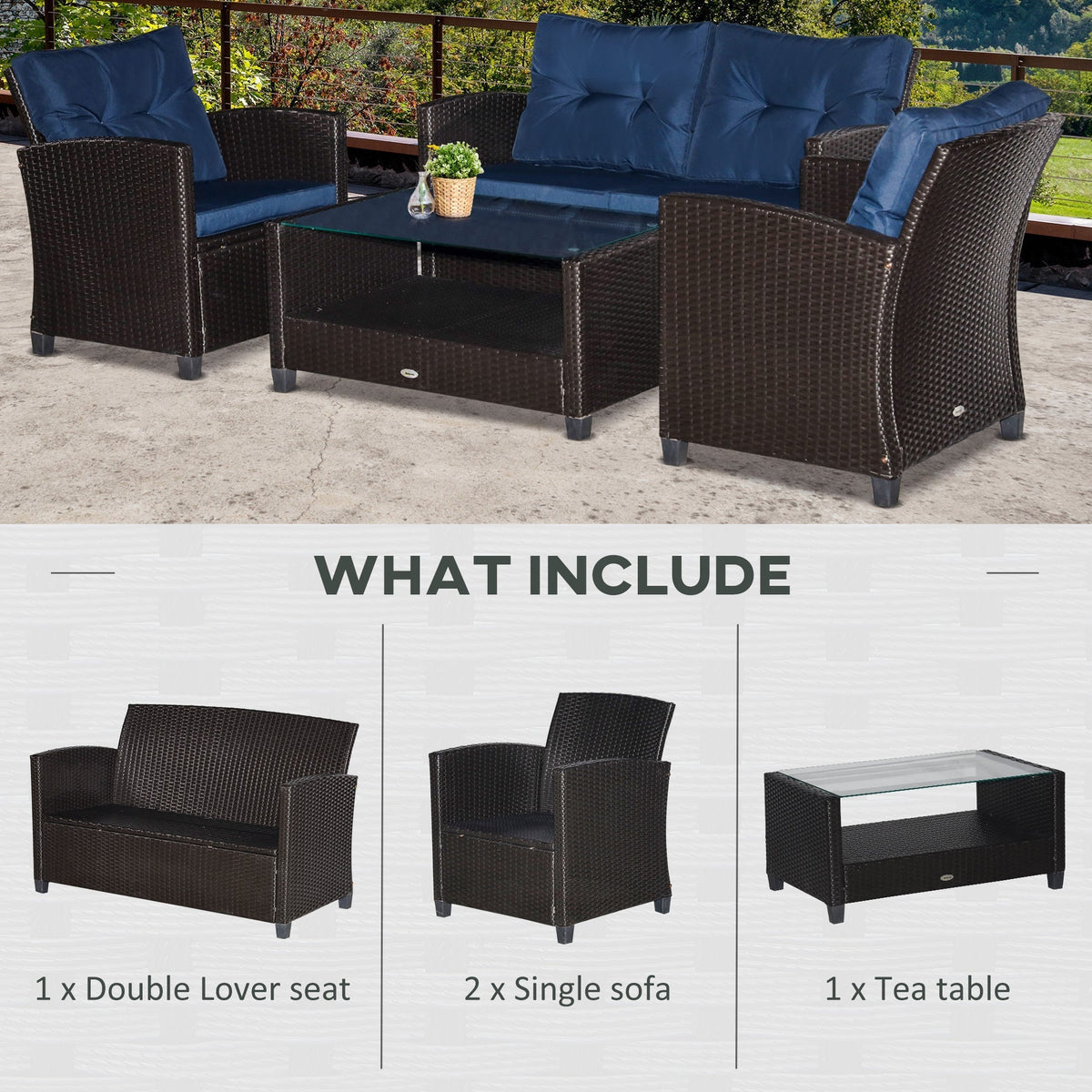 Outsunny 4-Piece PE Rattan Patio Set with Cushions & Two-Tier Coffee Table, Blue - 860-117BU