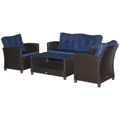 Outsunny 4-Piece PE Rattan Patio Set with Cushions & Two-Tier Coffee Table, Blue - 860-117BU