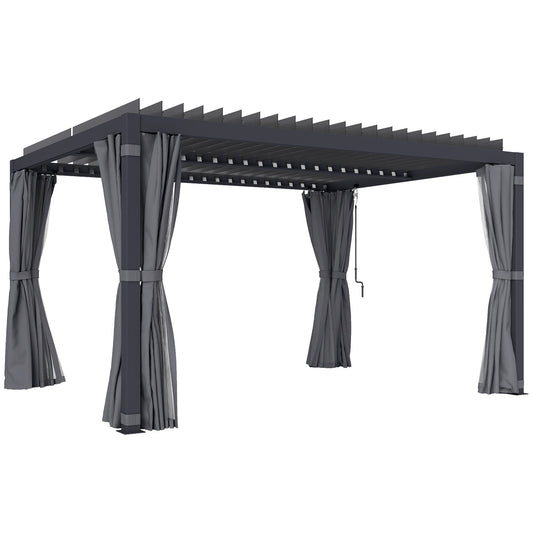 Outsunny 10' x 13' Aluminum Pergola with Adjustable Louvered Roof, Includes Curtains & Netting, Dark Gray - 84C-510V01CG