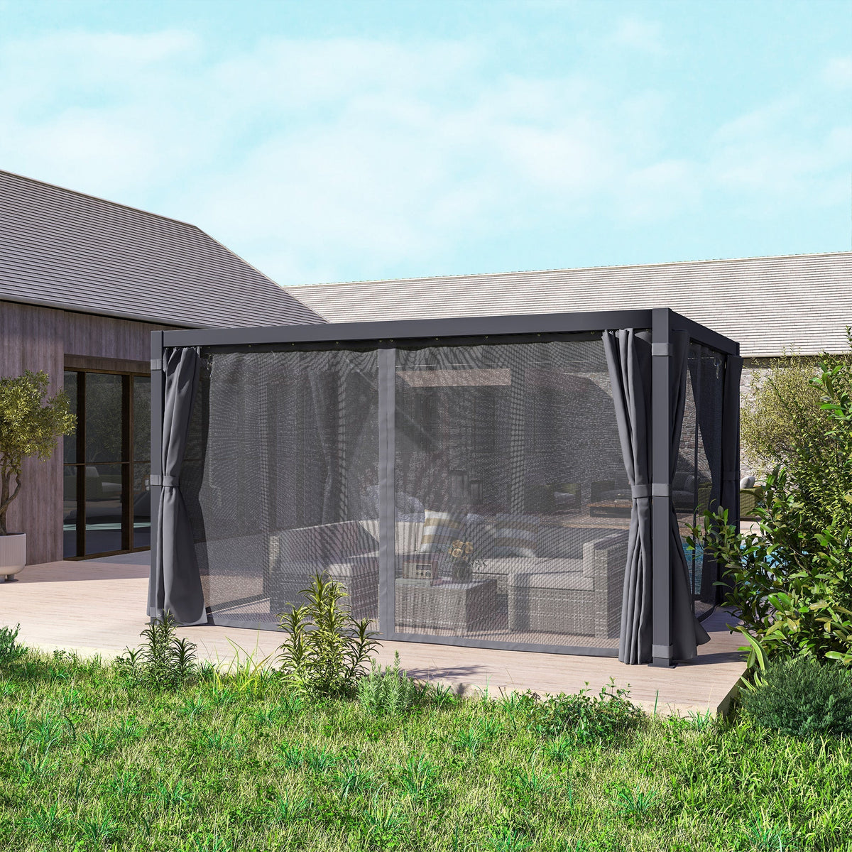 Outsunny 10' x 13' Aluminum Pergola with Adjustable Louvered Roof, Includes Curtains & Netting, Dark Gray - 84C-510V01CG