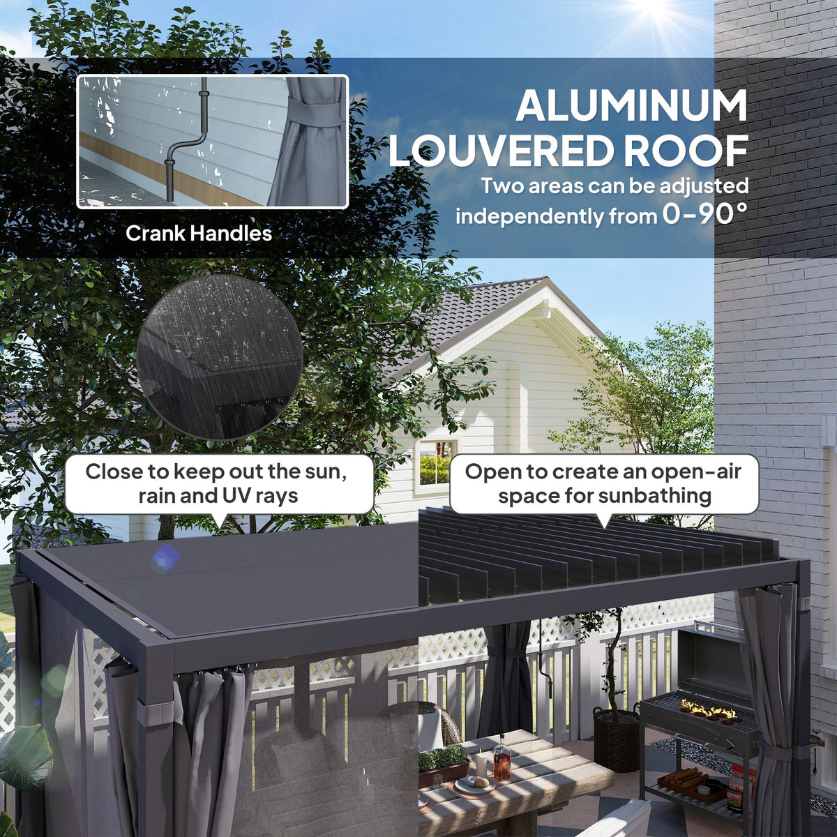 Outsunny 10' x 13' Aluminum Pergola with Adjustable Louvered Roof, Includes Curtains & Netting, Dark Gray - 84C-510V01CG