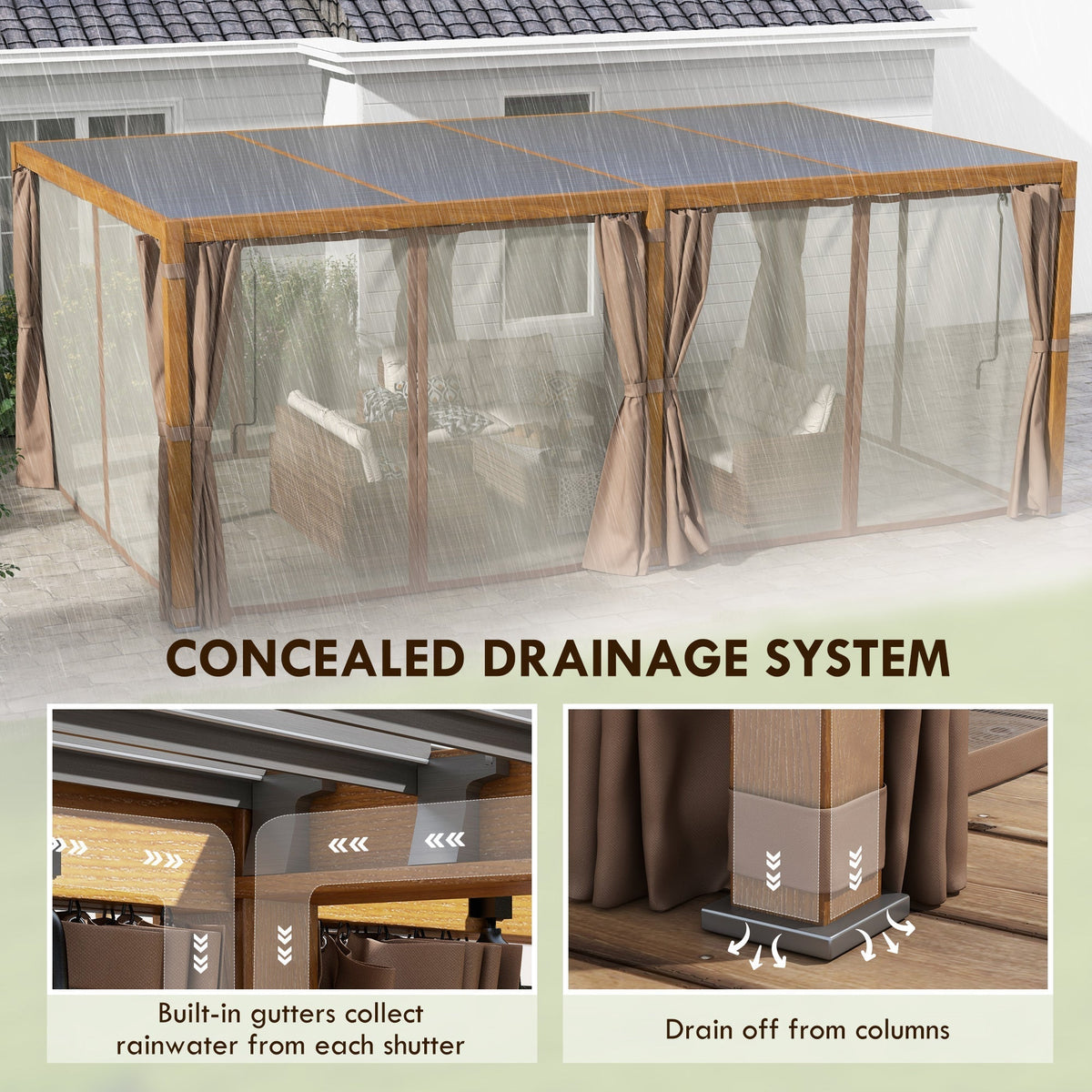 Outsunny 12' x 19' Aluminum Outdoor Pergola with Adjustable Louvered, Curtains & Netting, Natural - 84C-509V00ND