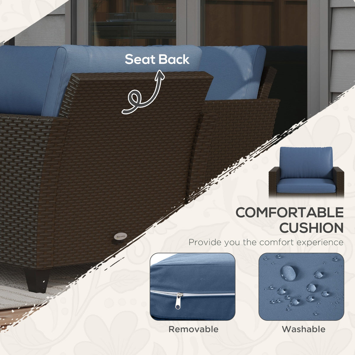 Outsunny 5-Piece Patio Furniture Set with PE Rattan Sofa, Armchairs, Footstools, Cushions, Deep Coffee - 860-311V00CF