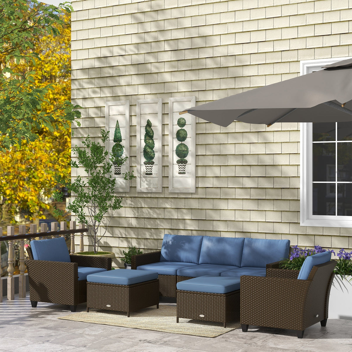 Outsunny 5-Piece Patio Furniture Set with PE Rattan Sofa, Armchairs, Footstools, Cushions, Deep Coffee - 860-311V00CF