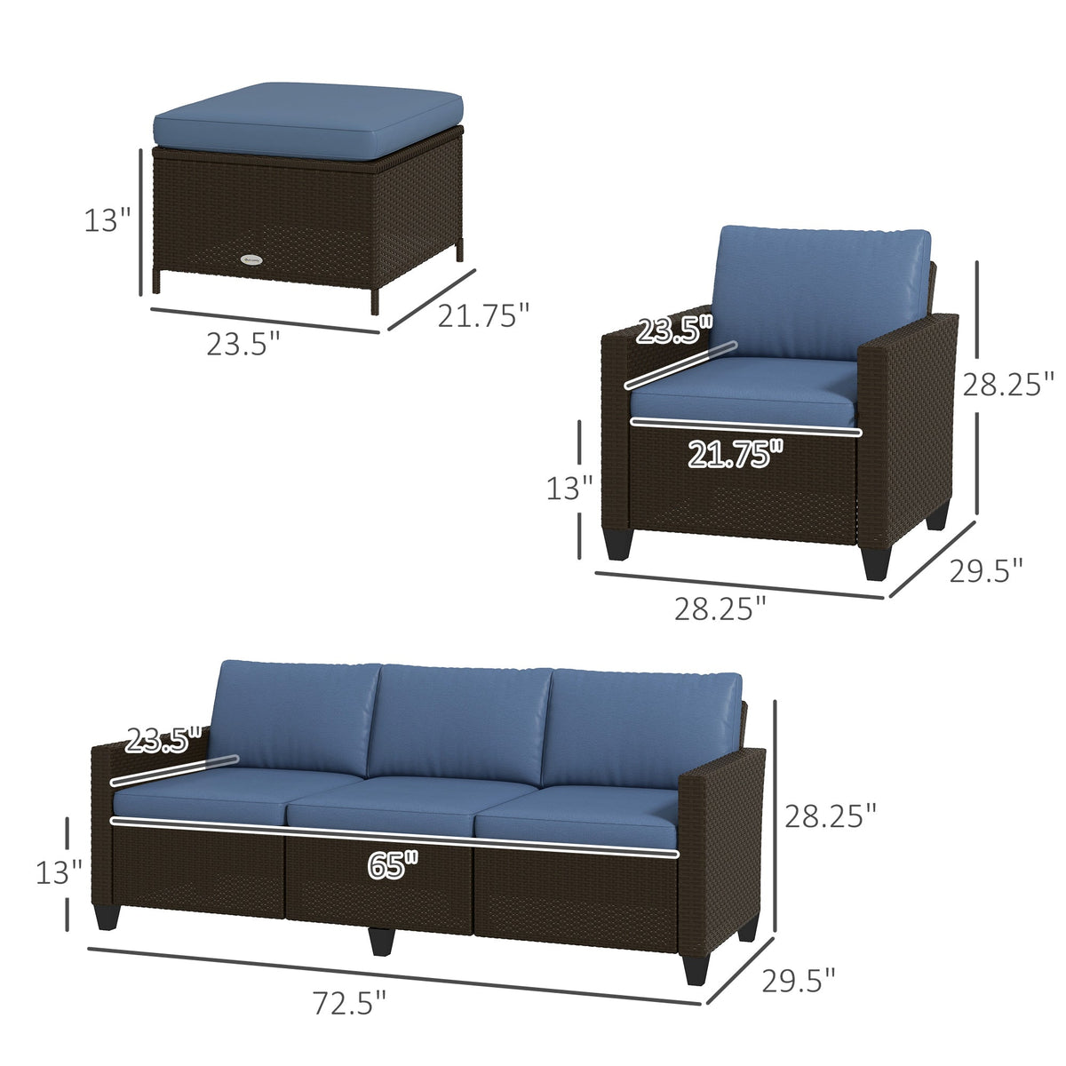 Outsunny 5-Piece Patio Furniture Set with PE Rattan Sofa, Armchairs, Footstools, Cushions, Deep Coffee - 860-311V00CF