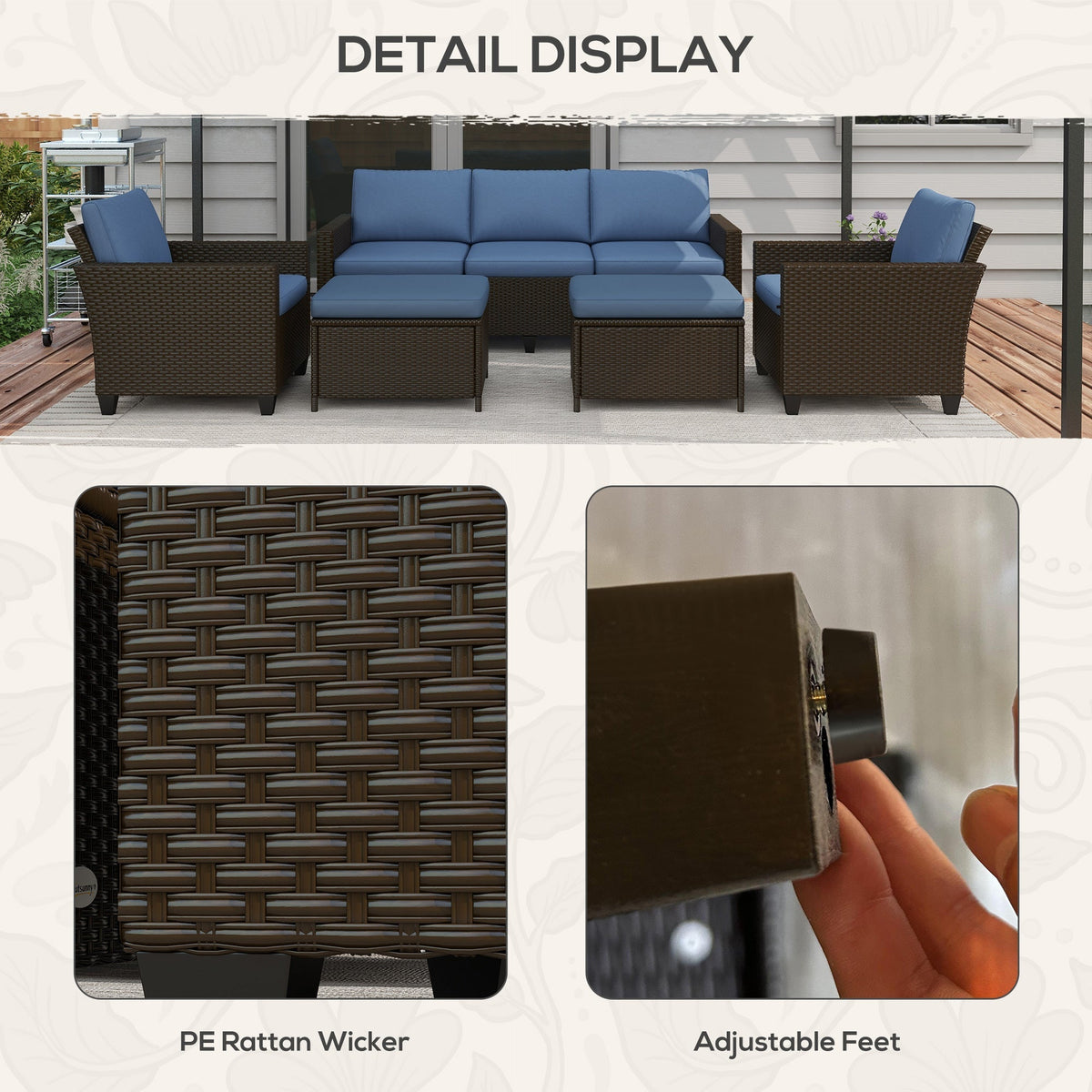 Outsunny 5-Piece Patio Furniture Set with PE Rattan Sofa, Armchairs, Footstools, Cushions, Deep Coffee - 860-311V00CF