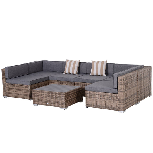 Outsunny 7-Piece Outdoor Rattan Conversation Set with Cushions and Tea Table, Gray - 860-020V03