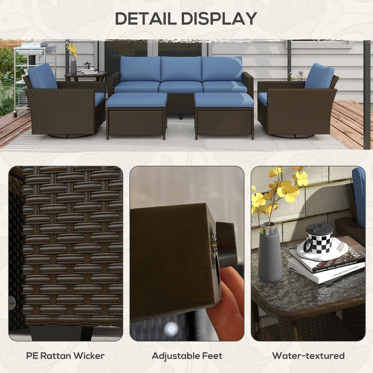 Outsunny 6-Piece Rattan Patio Set with 3-Seater Sofa, Swivel Rockers & 2-Tier Table, Deep Coffee - 860-312V00CF