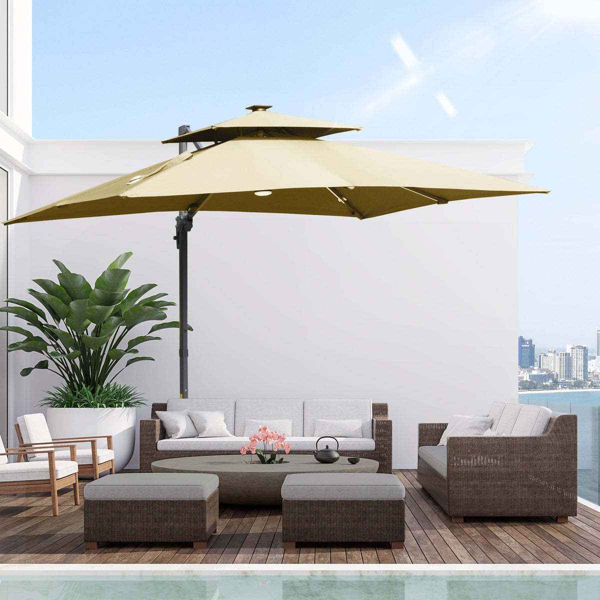 Outsunny 10ft. Solar LED Cantilever Umbrella, Offset Hanging Umbrella with 360¡ãRotation, Cross Base, 8 Ribs, Tilt and Crank for Yard, Khaki - 84D-184V01KK