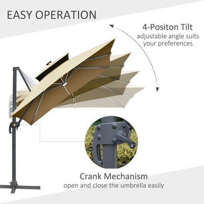 Outsunny 10ft. Solar LED Cantilever Umbrella, Offset Hanging Umbrella with 360¡ãRotation, Cross Base, 8 Ribs, Tilt and Crank for Yard, Khaki - 84D-184V01KK