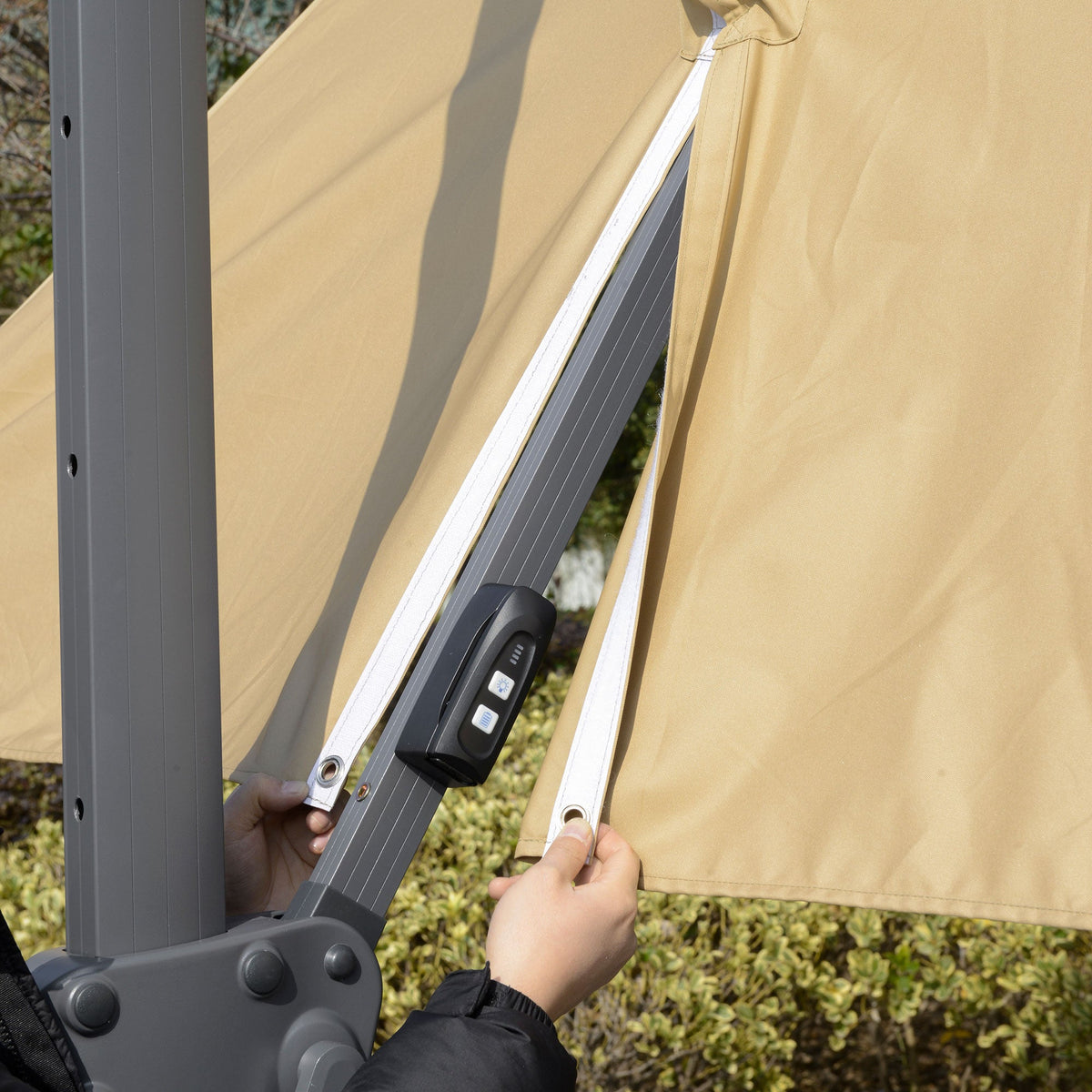 Outsunny 10ft. Solar LED Cantilever Umbrella, Offset Hanging Umbrella with 360¡ãRotation, Cross Base, 8 Ribs, Tilt and Crank for Yard, Khaki - 84D-184V01KK