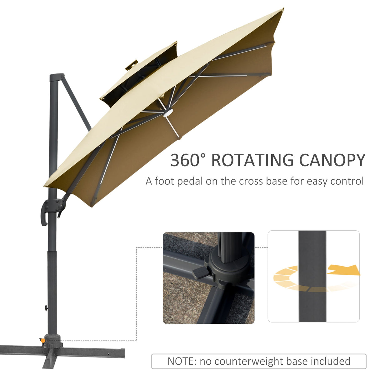 Outsunny 10ft. Solar LED Cantilever Umbrella, Offset Hanging Umbrella with 360¡ãRotation, Cross Base, 8 Ribs, Tilt and Crank for Yard, Khaki - 84D-184V01KK