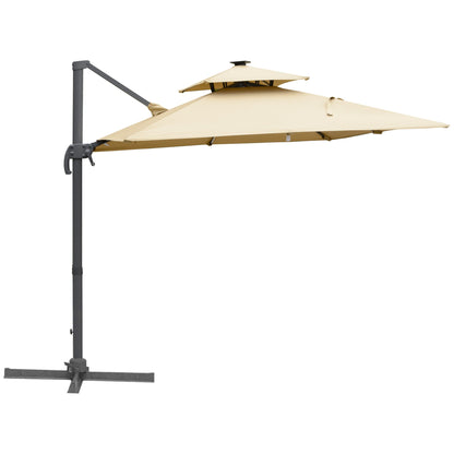Outsunny 10ft. Solar LED Cantilever Umbrella, Offset Hanging Umbrella with 360¡ãRotation, Cross Base, 8 Ribs, Tilt and Crank for Yard, Khaki - 84D-184V01KK