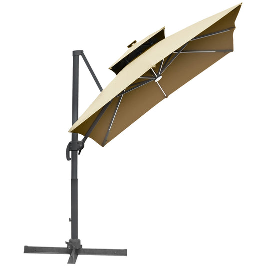 Outsunny 10ft. Solar LED Cantilever Umbrella, Offset Hanging Umbrella with 360¡ãRotation, Cross Base, 8 Ribs, Tilt and Crank for Yard, Khaki - 84D-184V01KK