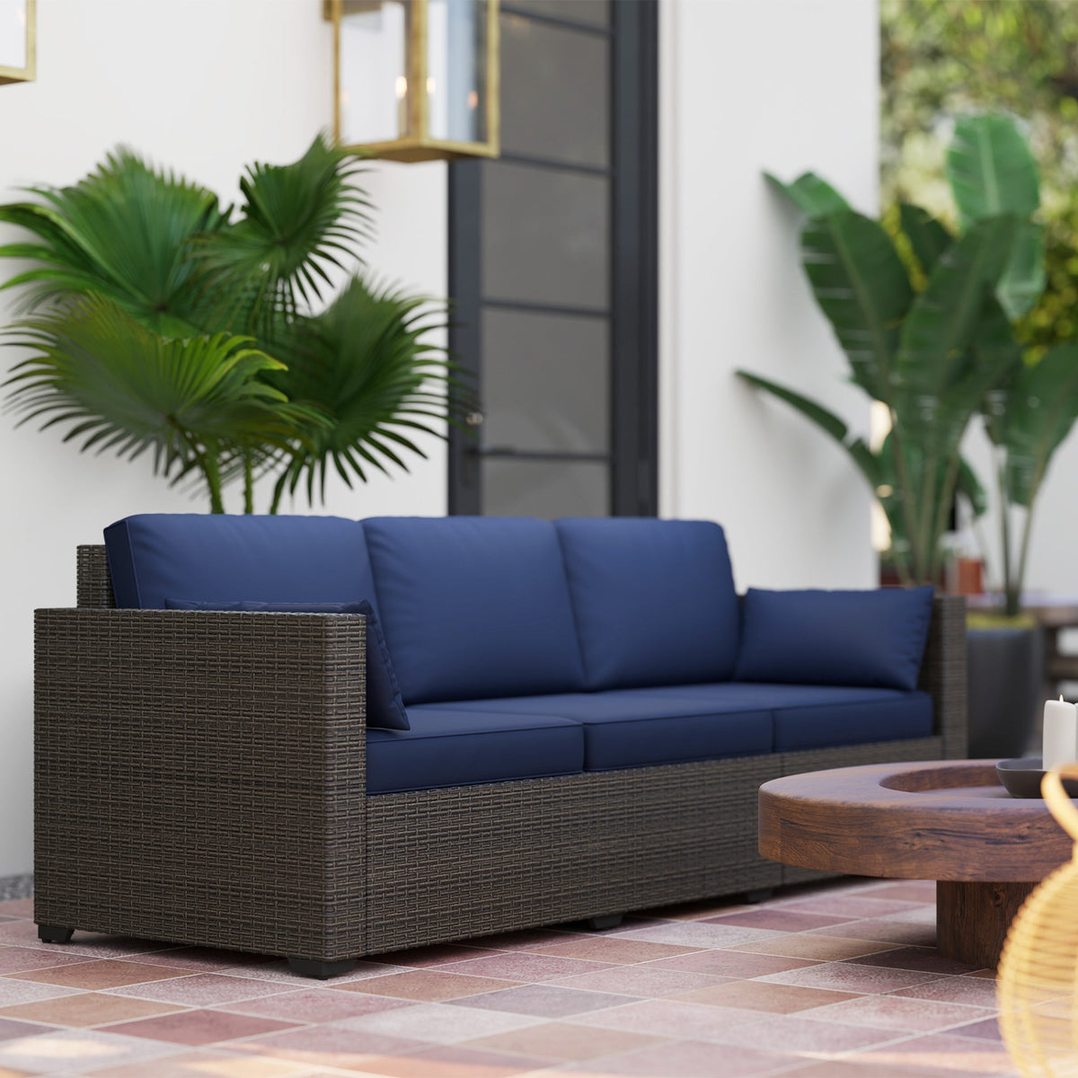 Outsunny 3-Seater PE Wicker Outdoor Sofa with Deep Seating & Removable Cushions, Navy Blue - 860-308V00BN