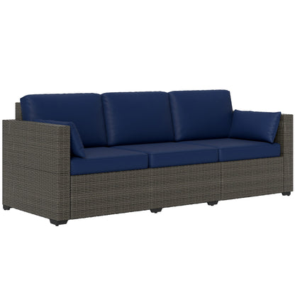 Outsunny 3-Seater PE Wicker Outdoor Sofa with Deep Seating & Removable Cushions, Navy Blue - 860-308V00BN