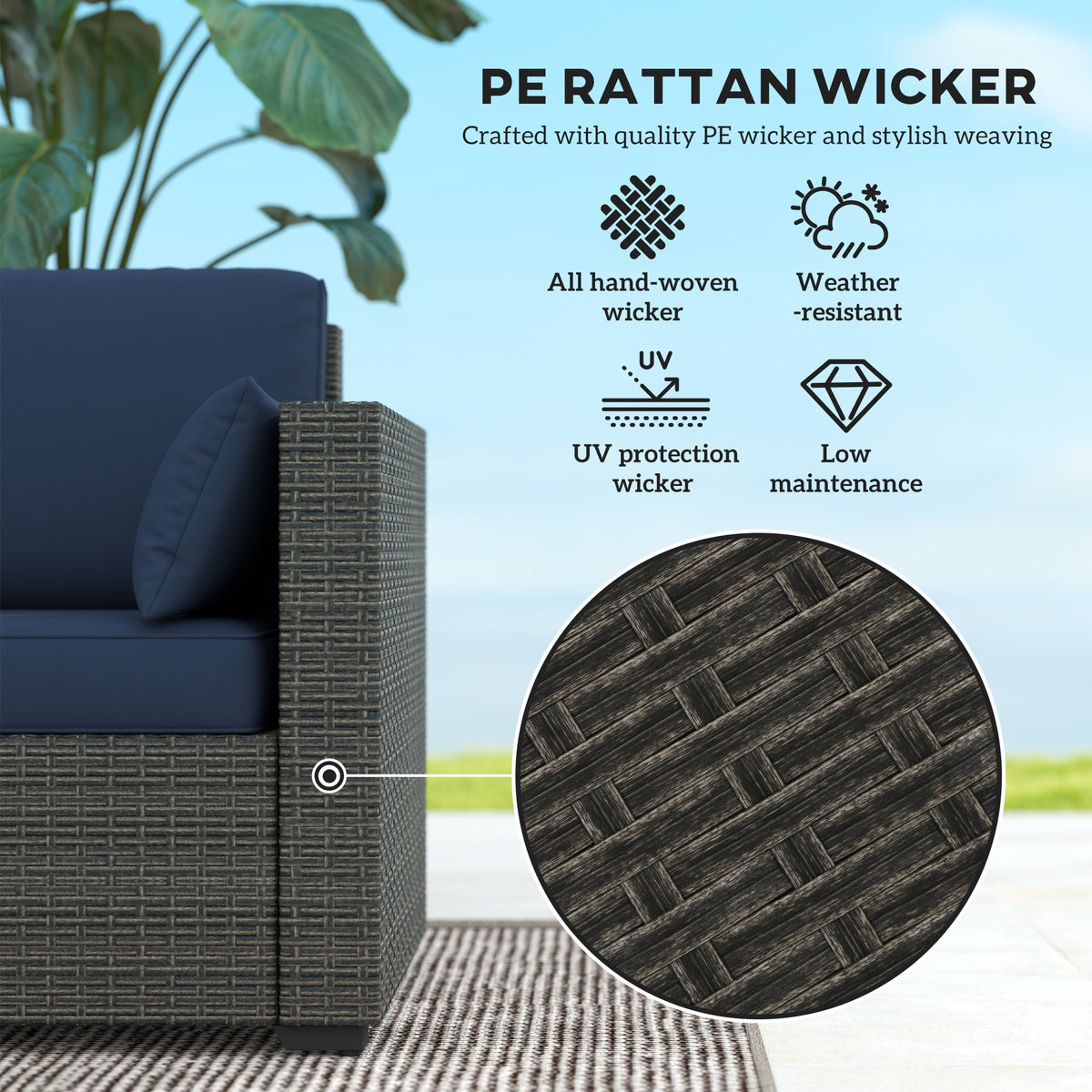 Outsunny 3-Seater PE Wicker Outdoor Sofa with Deep Seating & Removable Cushions, Navy Blue - 860-308V00BN