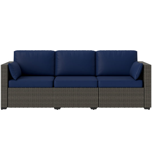 Outsunny 3-Seater PE Wicker Outdoor Sofa with Deep Seating & Removable Cushions, Navy Blue - 860-308V00BN