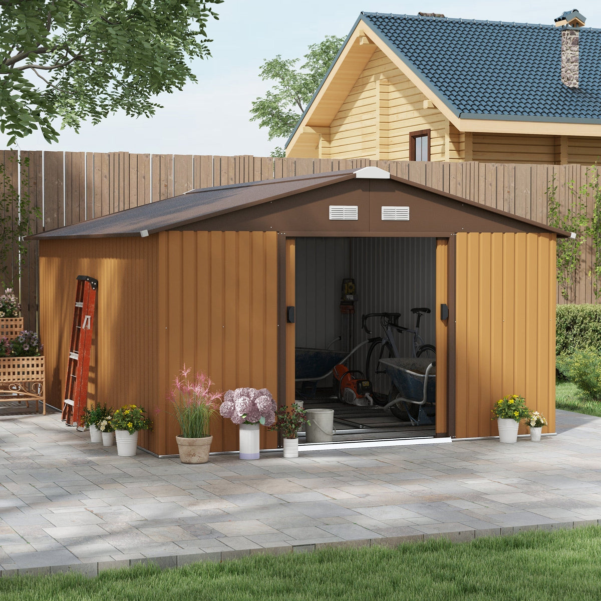 Outsunny EverBase 11' x 13' Outdoor Storage Shed with Double Lockable Door & Air Vents, Yellow - 845-031V01YL