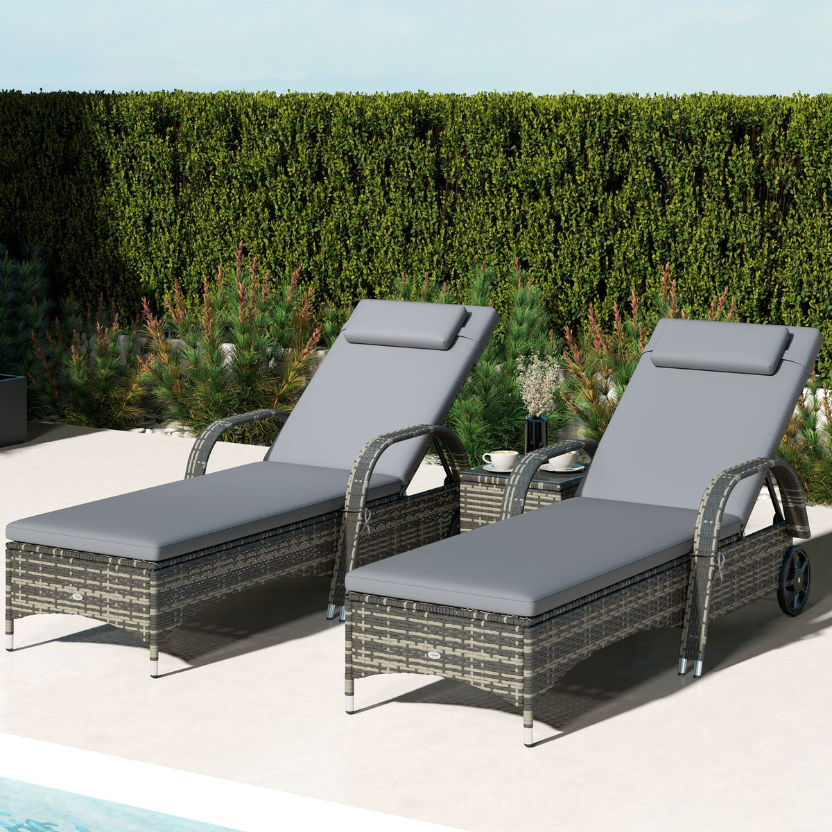 Outsunny 3-Piece Wicker Chaise Lounge Chair Set with Side Table, 5-Level Adjustable Backrest, Gray - 862-014V02GY