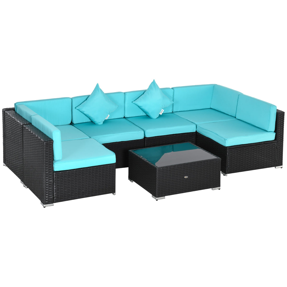 Outsunny 7-Piece All-Weather PE Rattan Sectional Sofa with Glass Coffee Table & Cushions, Turquoise - 860-020CF