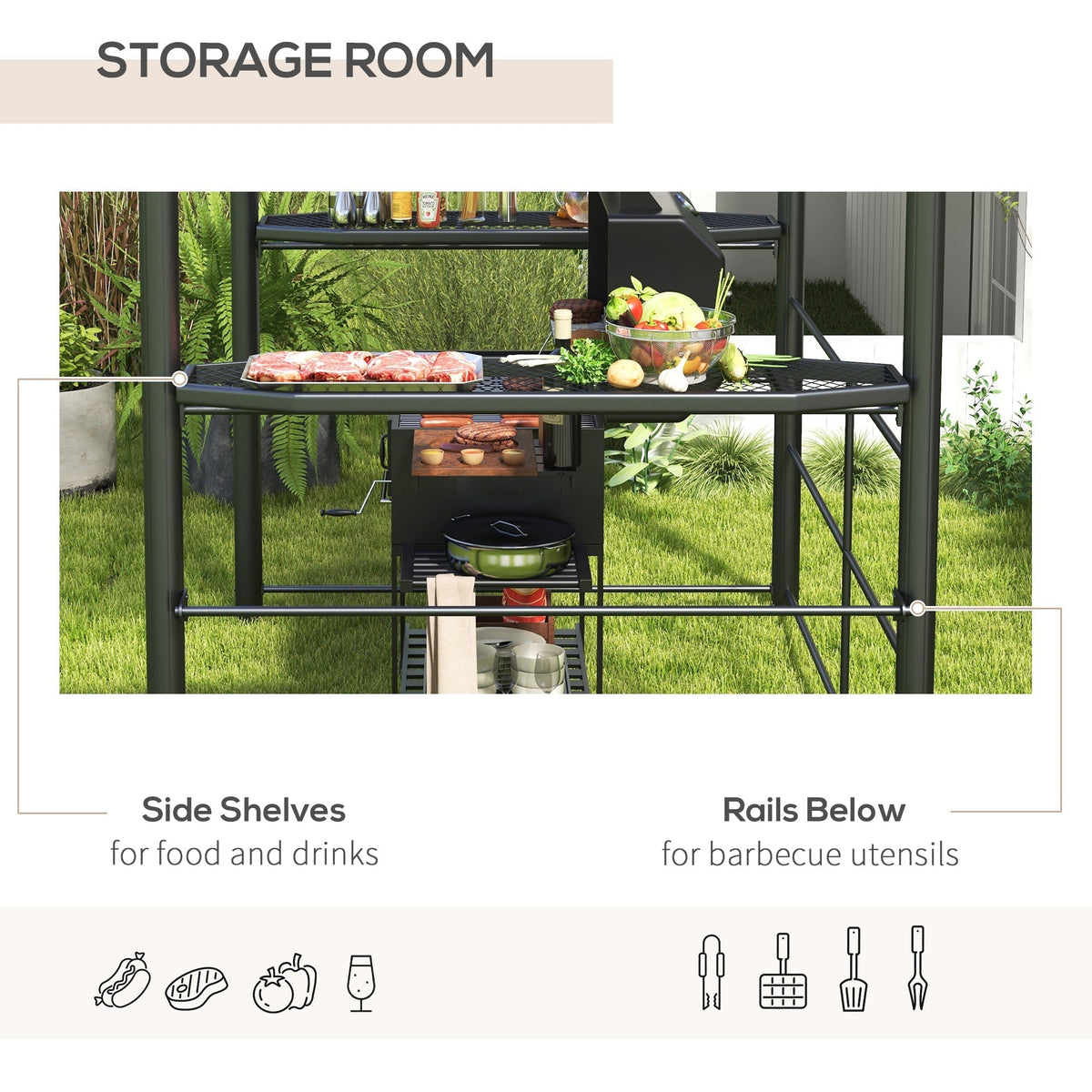 Outsunny 8' x 5' Grill Gazebo Shelter with Vented PC Roof, Side Shelves - 84C-237V01CG