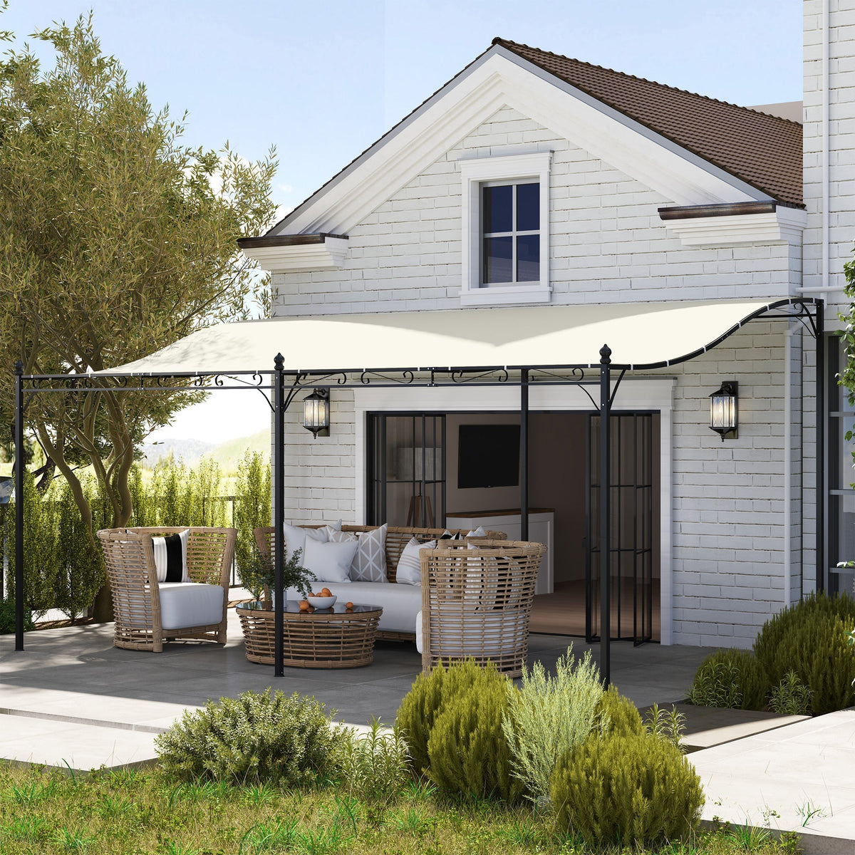 Outsunny 10' x 16' Wall-Mounted Metal Patio Canopy with Drainage Holes, Cream White - 84C-582V00CW