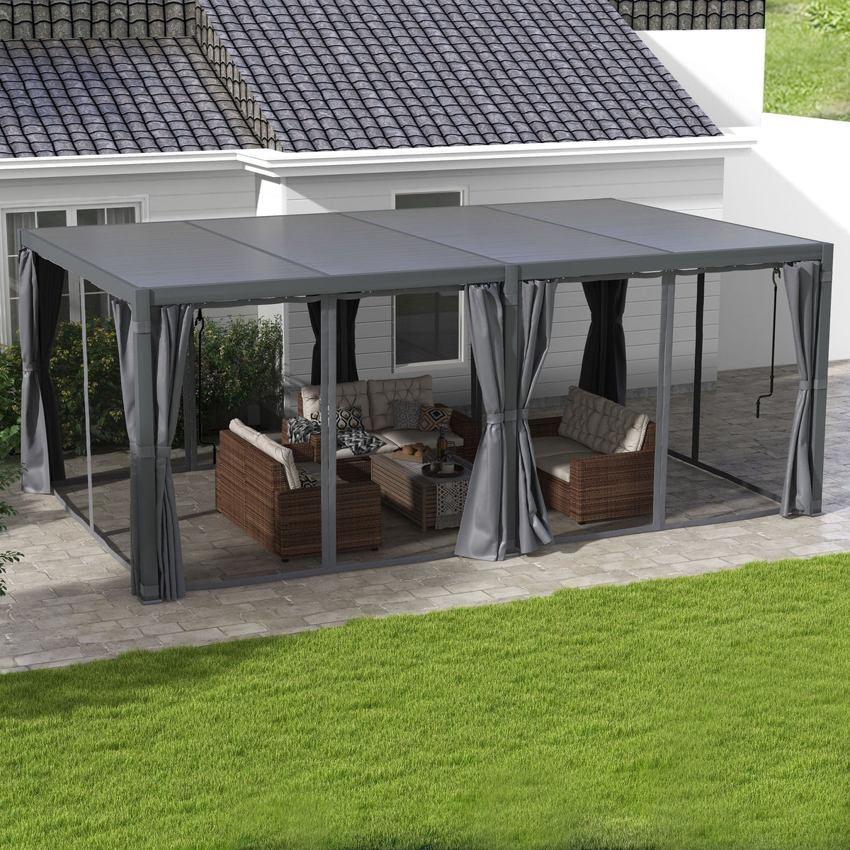 Outsunny 12' x 19' Aluminum Pergola with Adjustable Louvers, Curtains & Netting, Dark Gray- 84C - 509V00CG