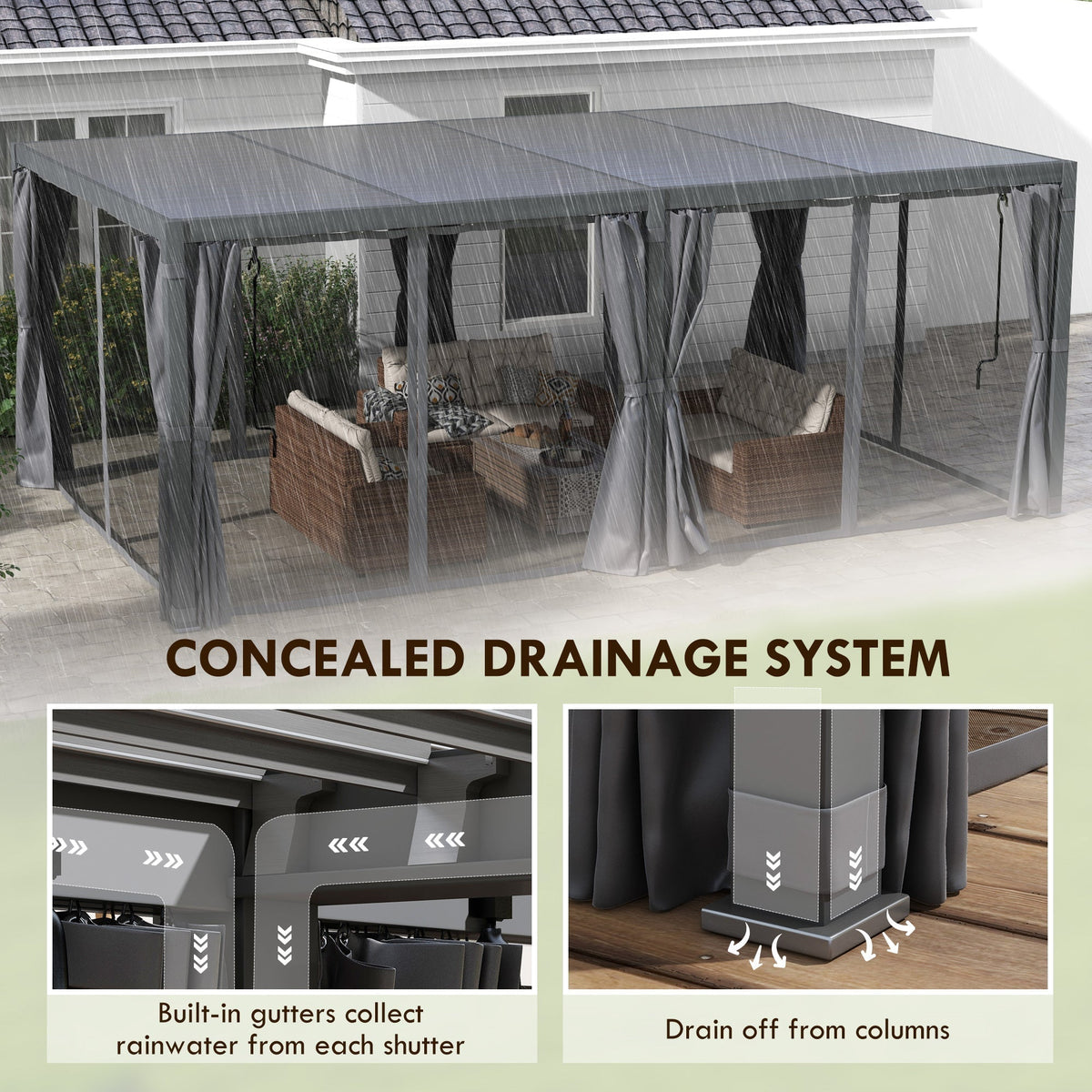 Outsunny 12' x 19' Aluminum Pergola with Adjustable Louvers, Curtains & Netting, Dark Gray- 84C - 509V00CG