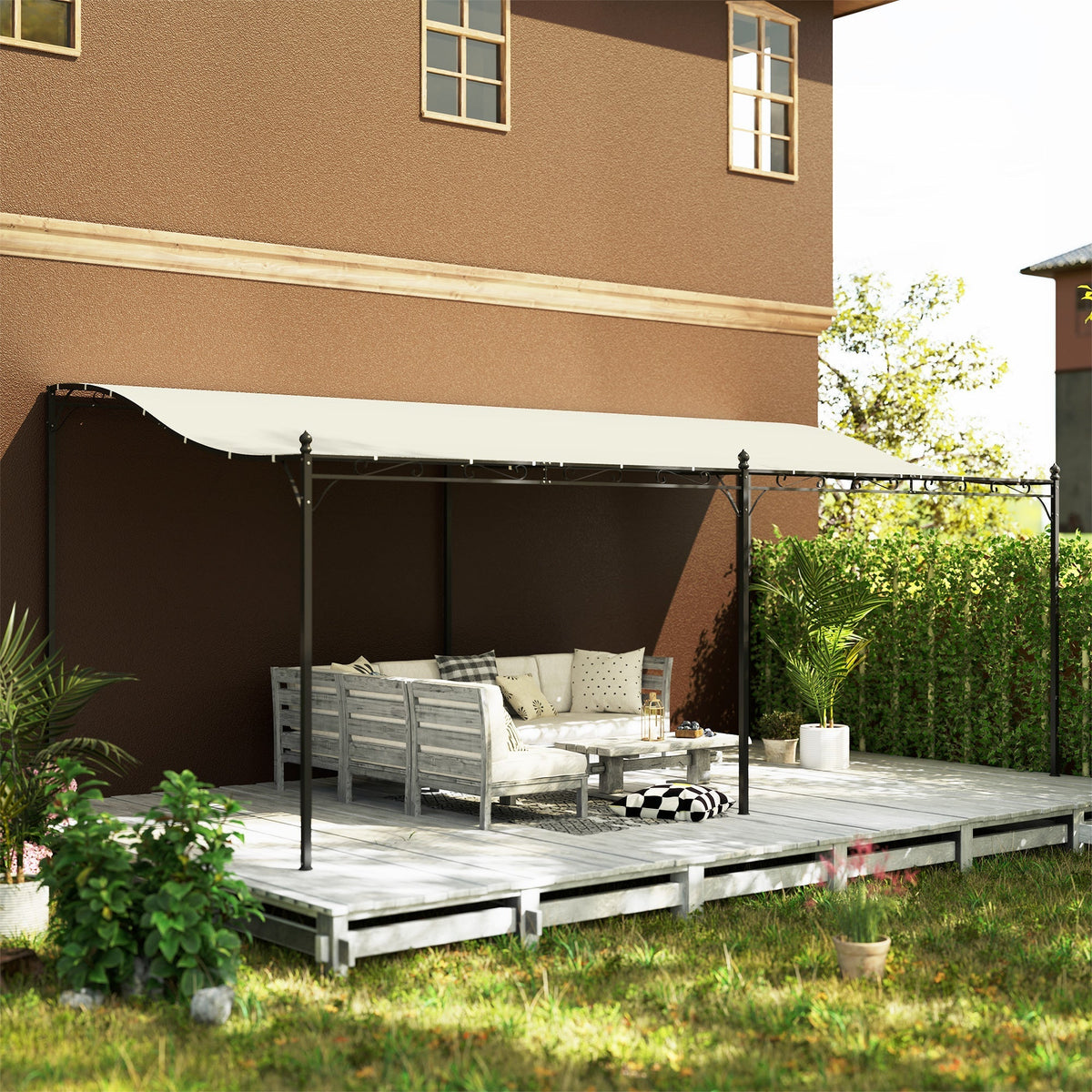 Outsunny 10' x 20' Wall-Mounted Metal Pergola Canopy with Drainage Holes in Cream White - 84C-582V01CW