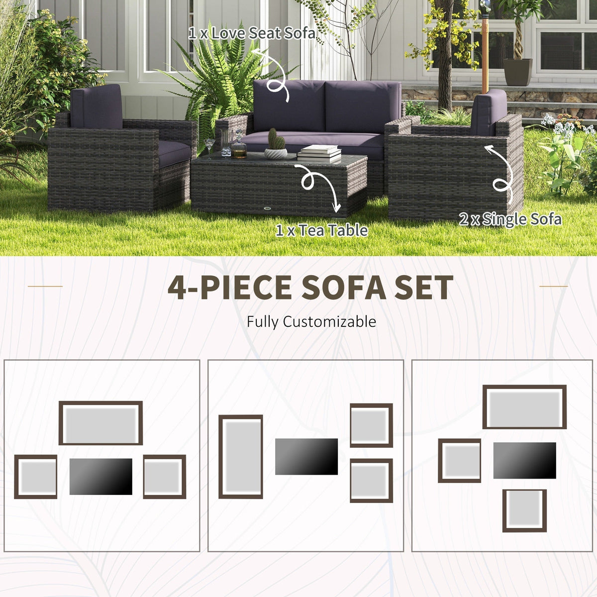 Outsunny 4-Piece Rattan Wicker Sofa Set with Loveseat and Glass Coffee Table for Outdoor Gray - 841-086V02GY