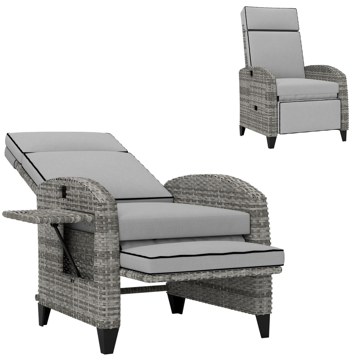 Outsunny Reclining Garden Chairs with Cushions, Adjustable Footrest, Side Tray Table, Gray - 867-189V01GY