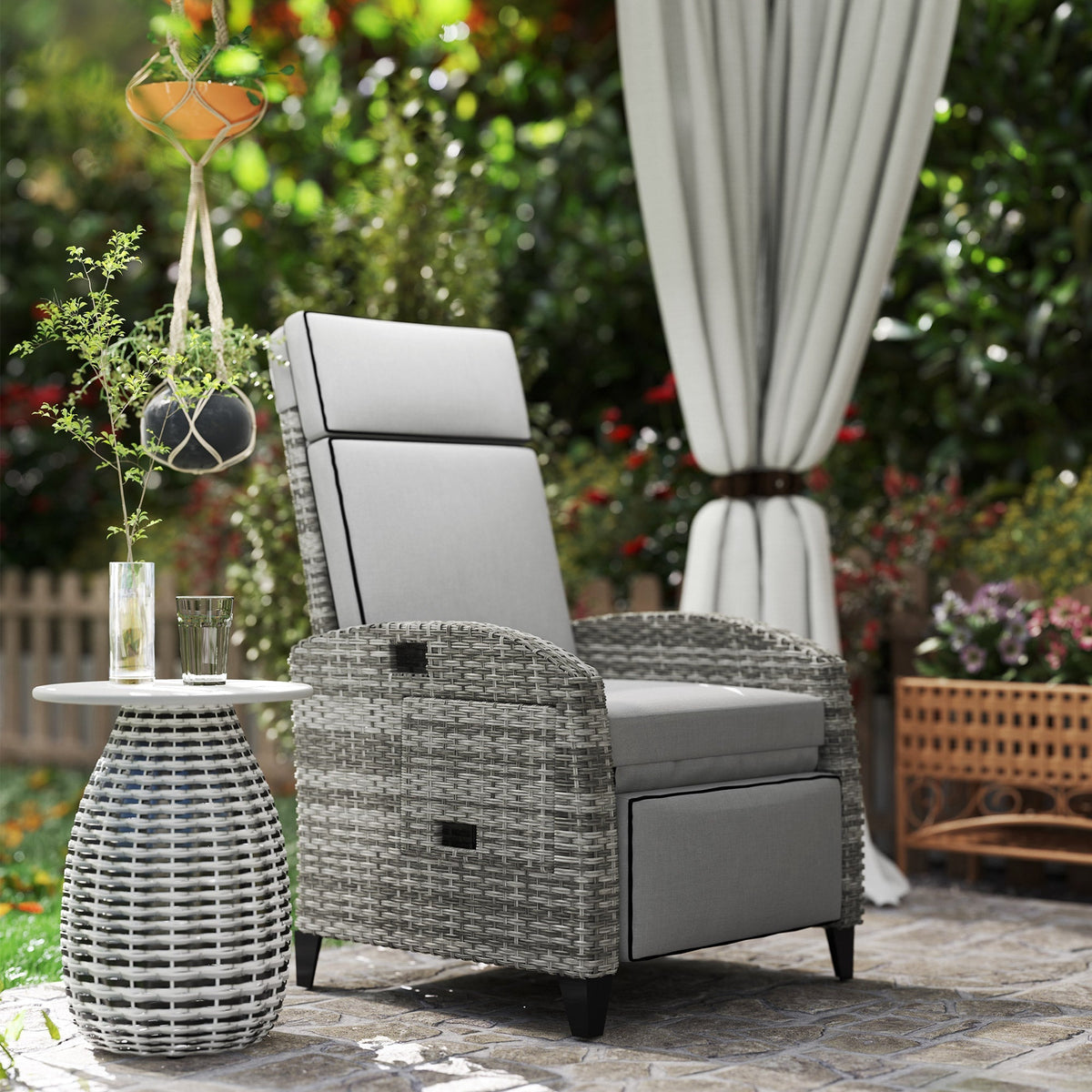 Outsunny Reclining Garden Chairs with Cushions, Adjustable Footrest, Side Tray Table, Gray - 867-189V01GY