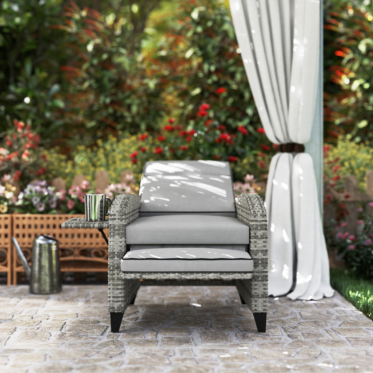 Outsunny Reclining Garden Chairs with Cushions, Adjustable Footrest, Side Tray Table, Gray - 867-189V01GY
