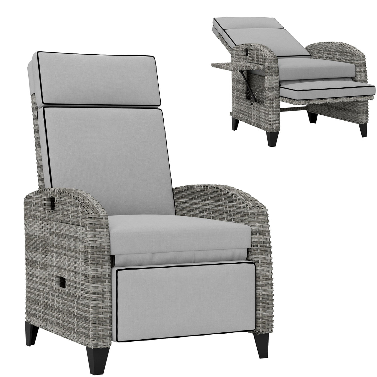 Outsunny Reclining Garden Chairs with Cushions, Adjustable Footrest, Side Tray Table, Gray - 867-189V01GY