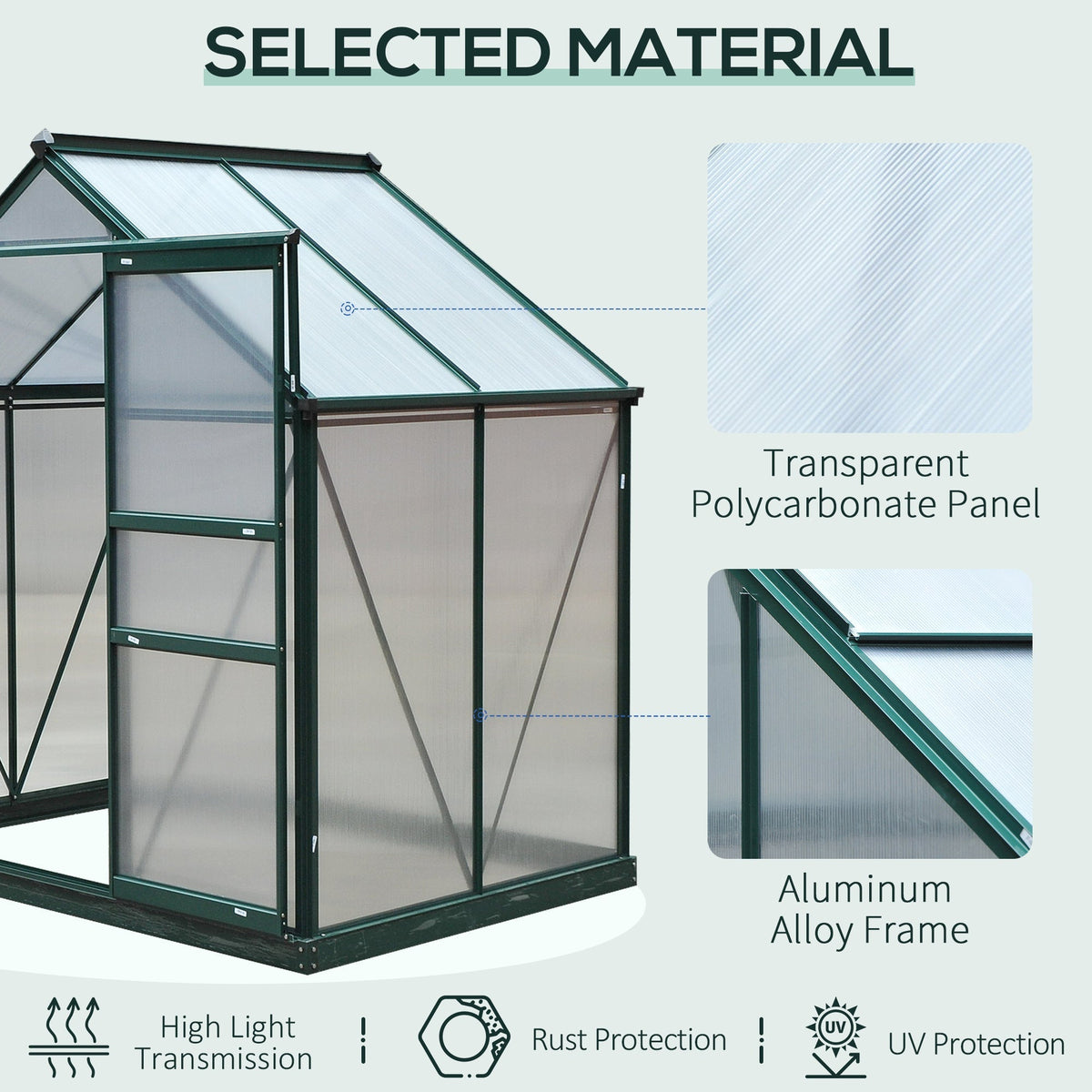 Outsunny 6' x 4' Polycarbonate Greenhouse with Rain Gutter and Roof Vent for Outdoor Garden, Dark Green - 845-057