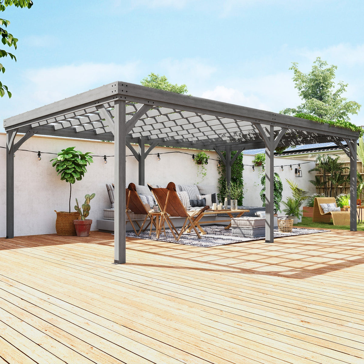 12' x 20' Wooden Pergola with Grape Vine Design & Concrete Anchors, Gray