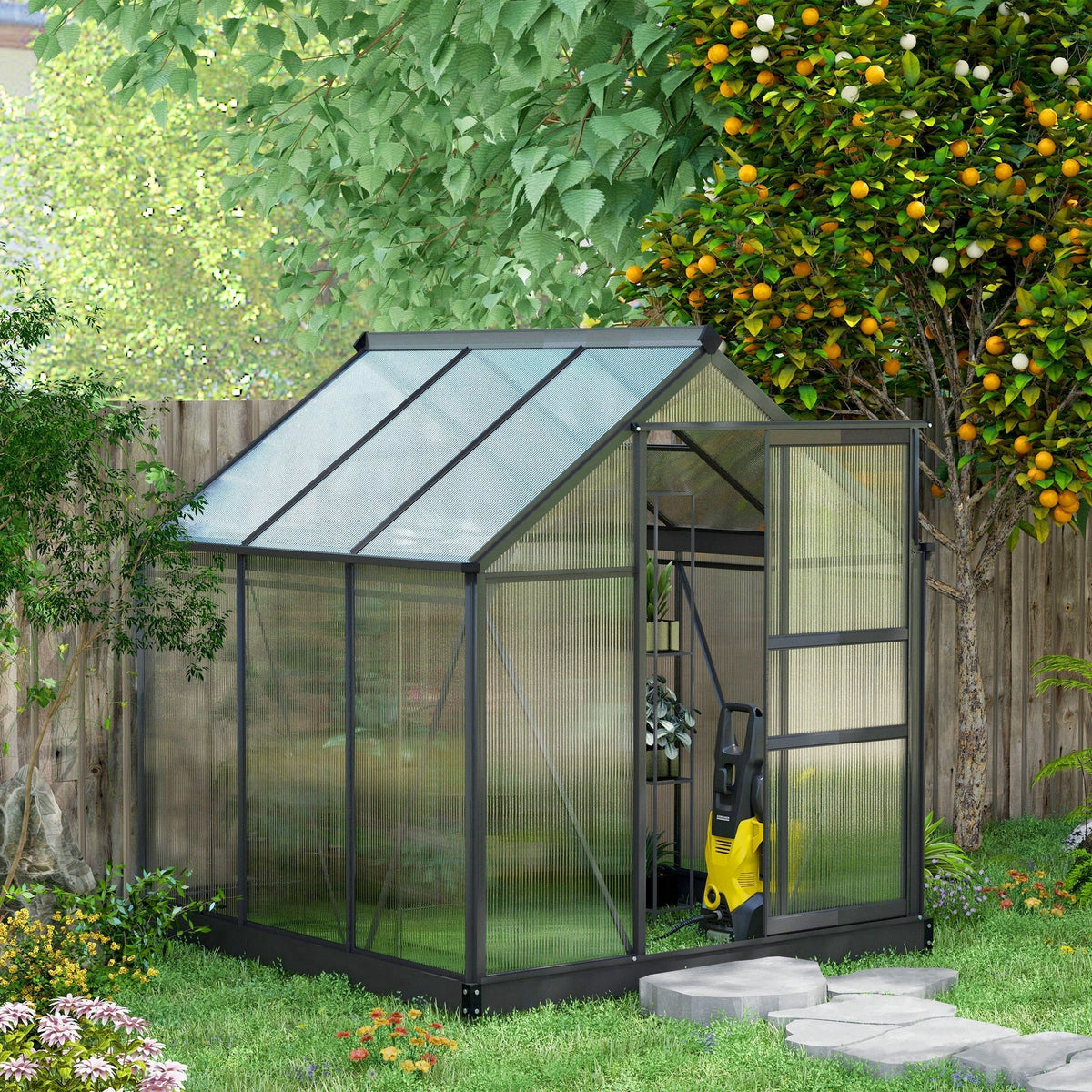 Outsunny 6' x 6' Polycarbonate Greenhouse with Rain Gutter and Roof Vent for Outdoor Garden, Gray - 845-058GY