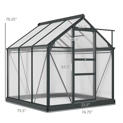 Outsunny 6' x 6' Polycarbonate Greenhouse with Rain Gutter and Roof Vent for Outdoor Garden, Gray - 845-058GY