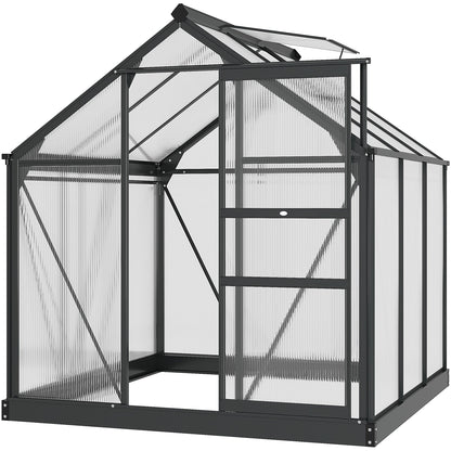 Outsunny 6' x 6' Polycarbonate Greenhouse with Rain Gutter and Roof Vent for Outdoor Garden, Gray - 845-058GY