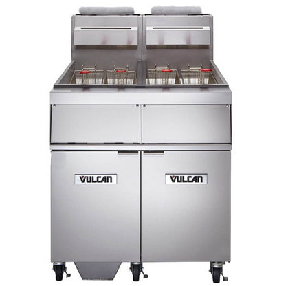 Vulcan 2GR45MF-2 Liquid Propane 2 Unit Floor Fryer System with Millivolt Controls and KleenScreen Filtration - 240,000 BTU - 2GR45MF-2