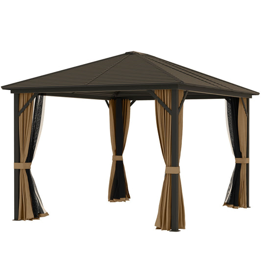 Outsunny 10' x 12' Hardtop Gazebo with Curtains, Netting Aluminum Frame - Coffee - 84C-040V01CF