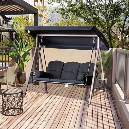 Outsunny 3-Seat Patio Swing Chair with Adjustable Canopy, Removable Cushion, Pillows & Trays, Black - 84A-068BK