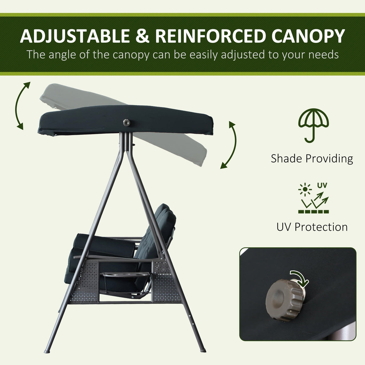 Outsunny 3-Seat Patio Swing Chair with Adjustable Canopy, Removable Cushion, Pillows & Trays, Black - 84A-068BK