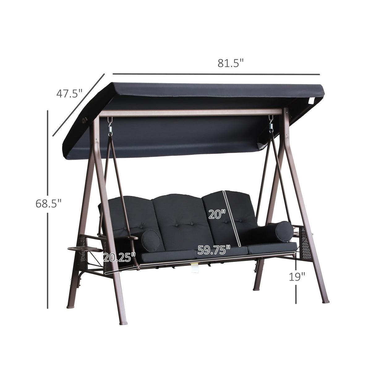 Outsunny 3-Seat Patio Swing Chair with Adjustable Canopy, Removable Cushion, Pillows & Trays, Black - 84A-068BK